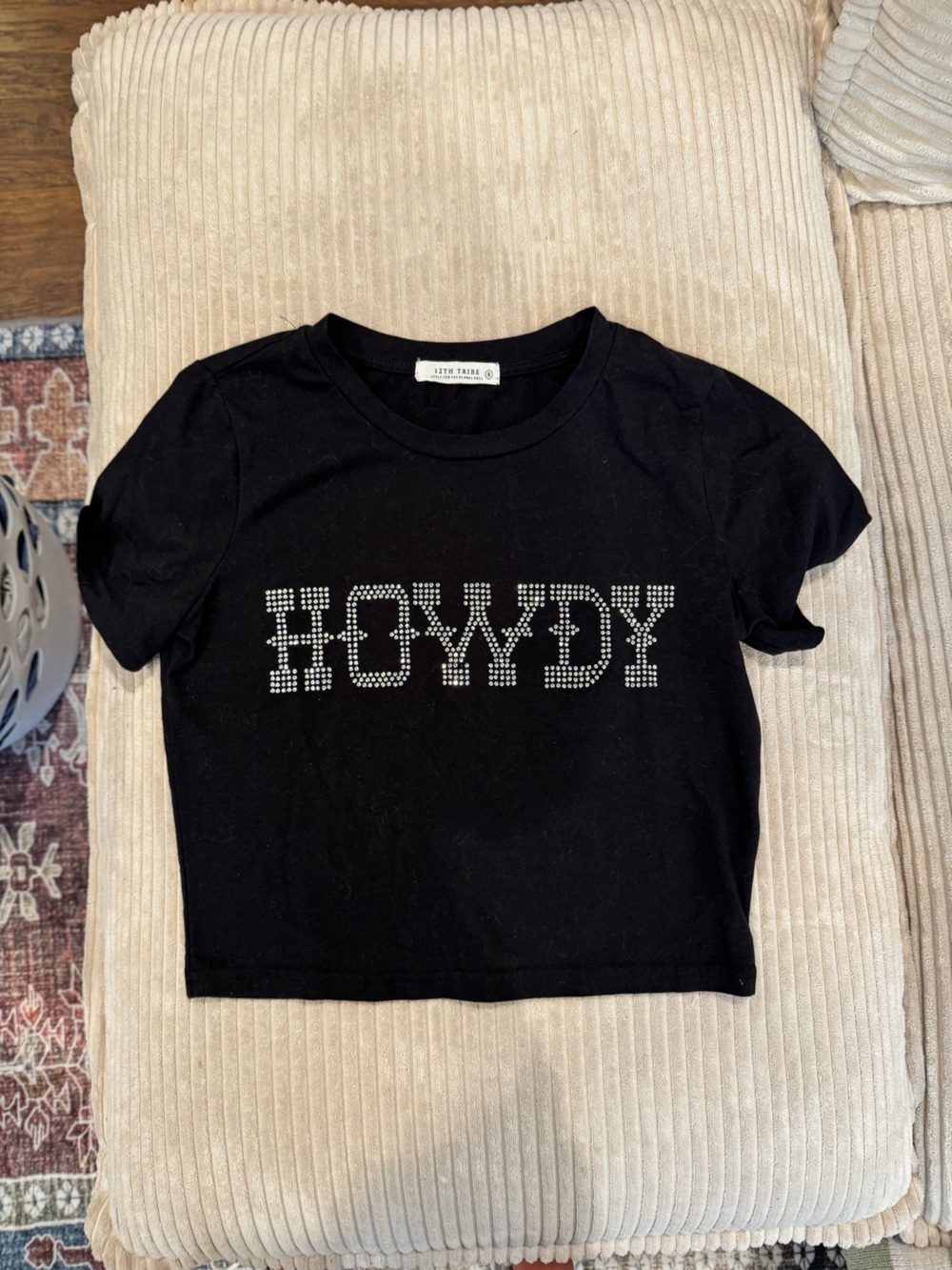 12th Tribe Black Crop Tee with Rhinestone 'Howdy' Graphic